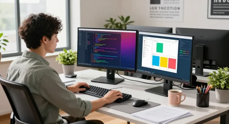 Snipaste software developer at a modern workspace with coding tools.