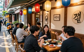 Delicious Korean dishes at 상봉동 한국관 outdoor patio, vibrant atmosphere full of laughter and traditional decor.