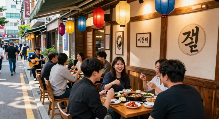 Delicious Korean dishes at 상봉동 한국관 outdoor patio, vibrant atmosphere full of laughter and traditional decor.
