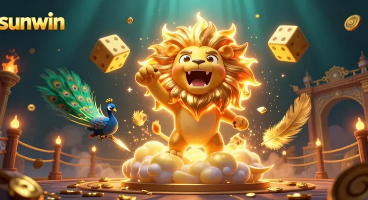 Experience thrilling wins at Sunwin with a vibrant, 3D cartoon illustration of a roaring sun lion.