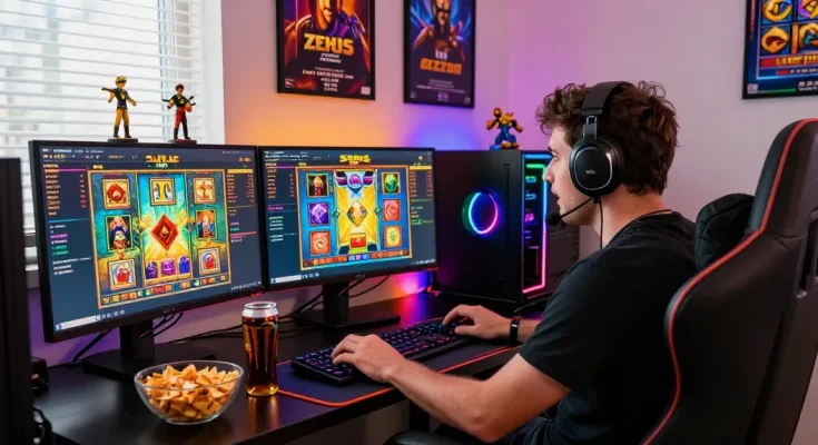 Exciting Zeus Slot gaming scene with player engaged at desktop, showcasing dynamic visuals and immersive atmosphere.