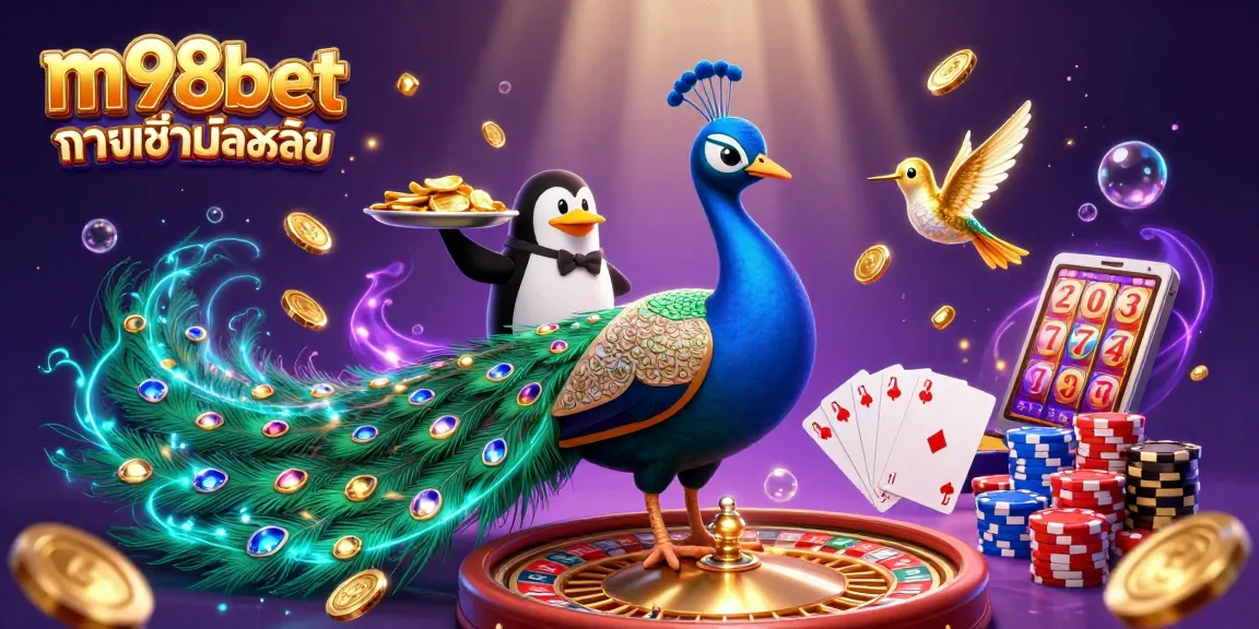 Experience the thrill of m98bet ทางเข้ามือถือ with a vibrant 3D casino illustration featuring unique characters and gold chips.