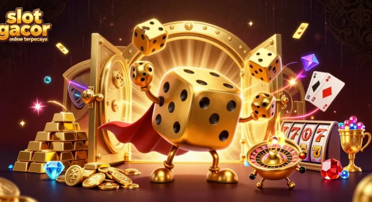 Slot gacor online terpercaya, gambarkan kegembiraan bermain slot dengan elemen kasino menarik.