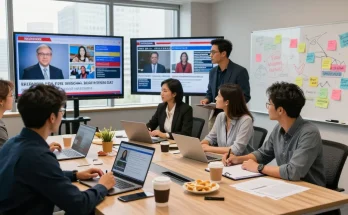 Dynamic newsroom scene at https://www.theindaily.com with journalists collaborating on breaking news stories.