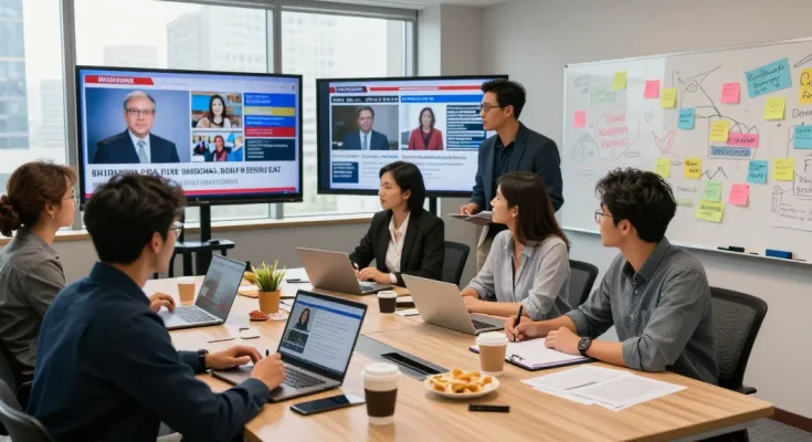 Dynamic newsroom scene at https://www.theindaily.com with journalists collaborating on breaking news stories.