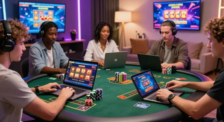 Exciting scene at a credit card casino with players enjoying games on sleek devices, vibrant atmosphere and engaging promotions.