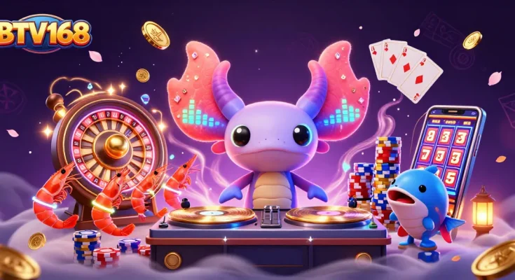 Experience the vibrant world of BTV168 in this casino-themed 3D illustration filled with gold coins and neon characters.