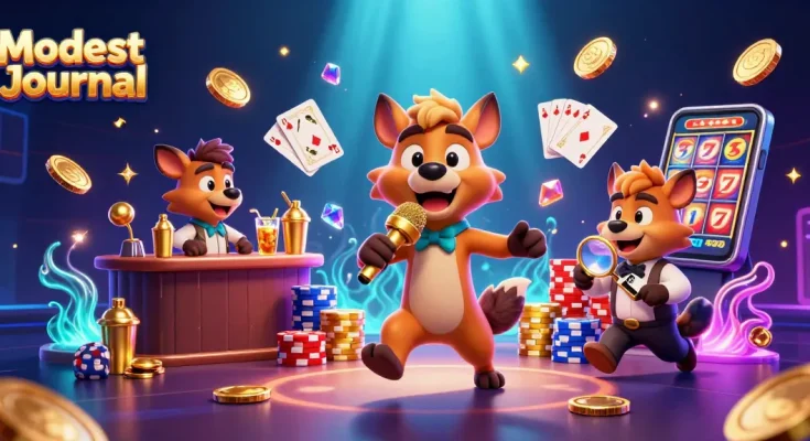 Experience laughter and excitement at Modest Journal's comedy casino night with hyenas performing and mixing drinks.