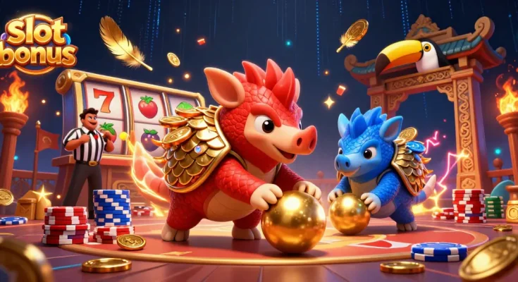 Spin the reels with slot bonus excitement in this vibrant casino illustration of rival pangolins.