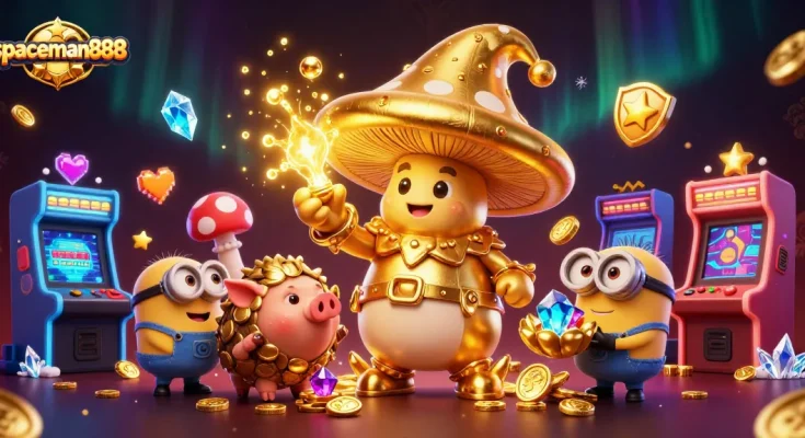Experience the magic of spaceman888 as the golden mushroom wizard and friends explore treasure-filled adventures in this vibrant casino scene.