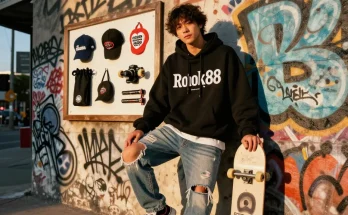 Person showcasing stylish rokok88 merchandise in vibrant urban setting.