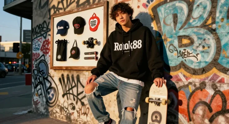 Person showcasing stylish rokok88 merchandise in vibrant urban setting.