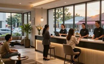 rokok88 hotel lobby welcoming guests with warm ambiance and modern design