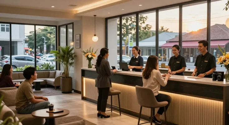 rokok88 hotel lobby welcoming guests with warm ambiance and modern design