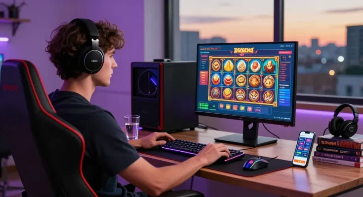 Engaging scene of a player at credit card casinos enjoying a vibrant online gaming experience with colorful graphics and modern accessories.
